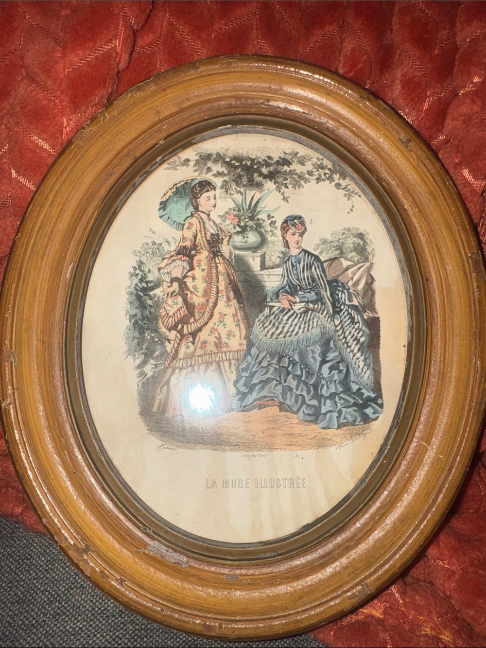 Antique Leroy Imp Paris La Mode Illustree Lithograph | Cottagecore Oval Framed